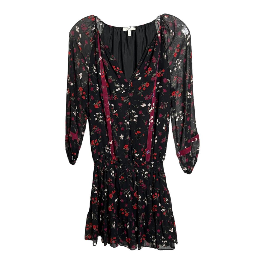JOIE Women's Sz XS Mini Dress/Tunic Long Sheer Sleeve Black Floral Rose VNeck